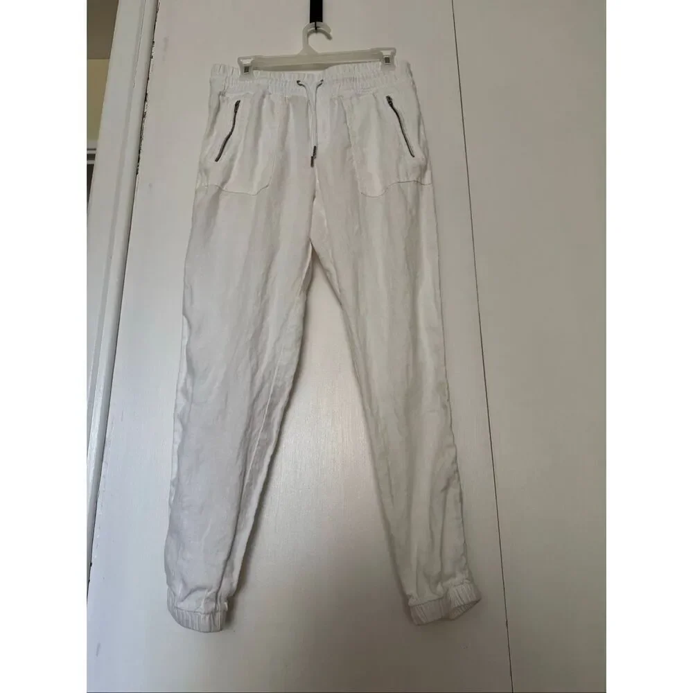 Athleta Cabo Linen Jogger Pants White Drawstring Zip Pockets Women’s 6